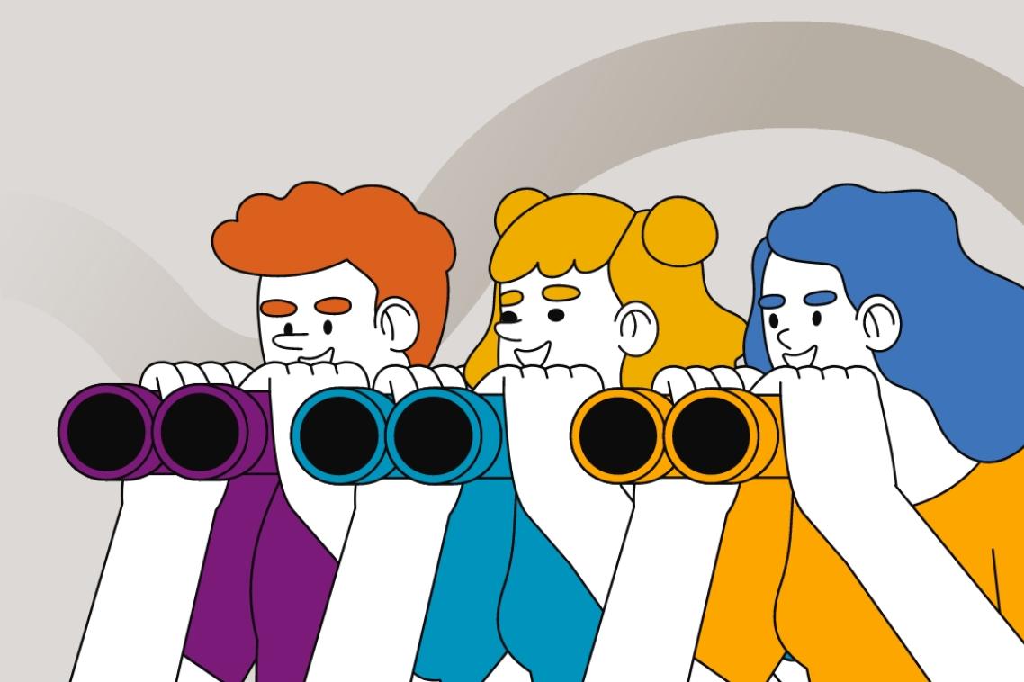 Career pulse graphic illustration showing 3 students with binoculars.