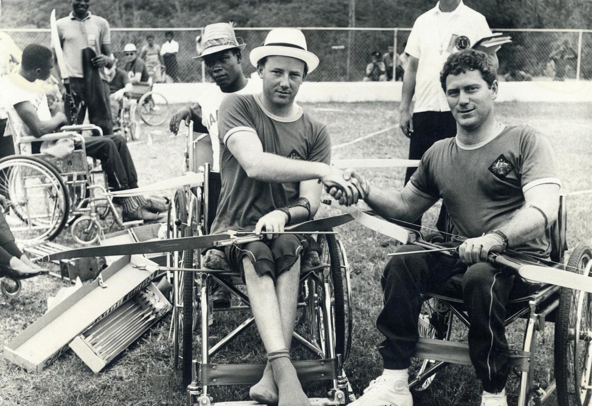 John Martin and John "Jim" Newton after winning the Dartchery competition at the 1966 Commonwealth Paraplegic Games in Kingston, Jamaica.