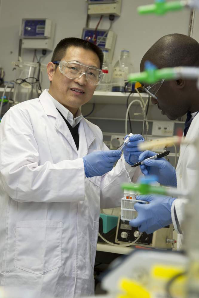 Professor Zhiguo Yuan, UQ Advanced Water Management Centre Director, working in the lab with a fellow researcher