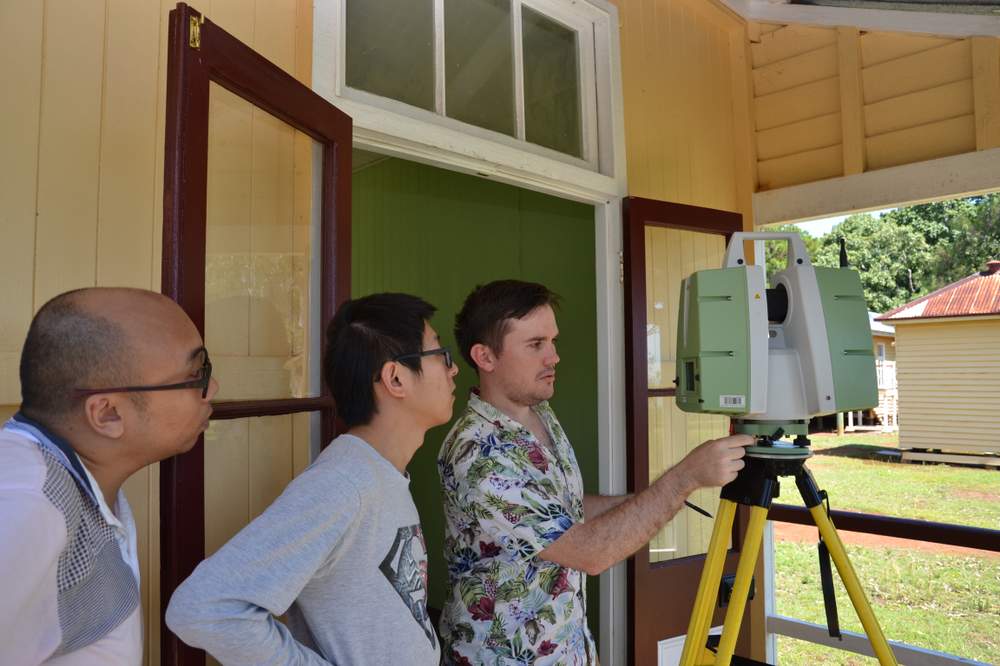 UQ students and research assistants scanning on Peel Island Lazaret with the Leica P-16 ScanStation. Left–Right: Max Yin,  Xiaoxin Zhao, Ben Wood (2016).