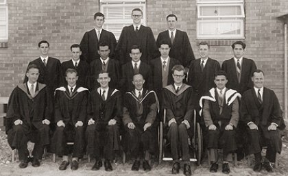 The first group of staff and students at Cromwell in 1954