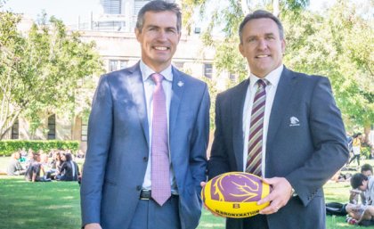 UQ Vice-Chancellor and President Professor Peter Høj and Brisbane Broncos CEO Paul White celebrate the new partnership.
