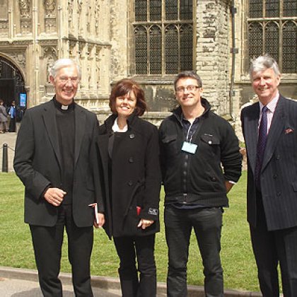 UQ researchers Dr Karen Hughes and Nigel Bond with Dr Robert Willis (left) and receiver general Brigadier John Meardon (right) at Canterbury Cathedral