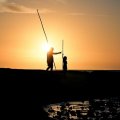 Silhouette of two people spear fishing 