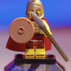 A Lego model of a Sparta war figure.