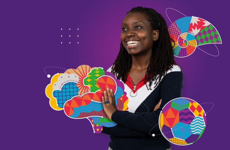 Student with graphical elements in Open Day promotional image