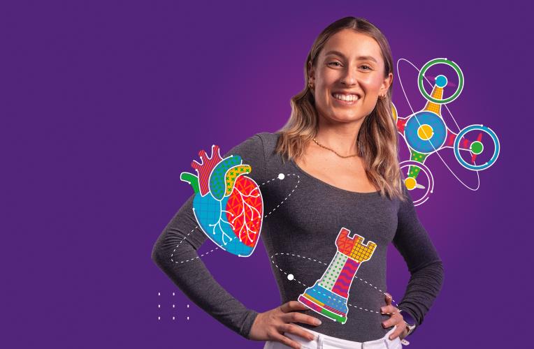 Nerida stands with graphics of a drone, heart and chess piece.