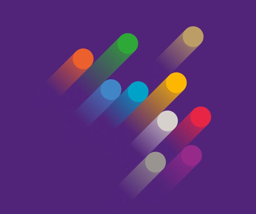 Graphic of colourful dots blurring with movement on a purple background.